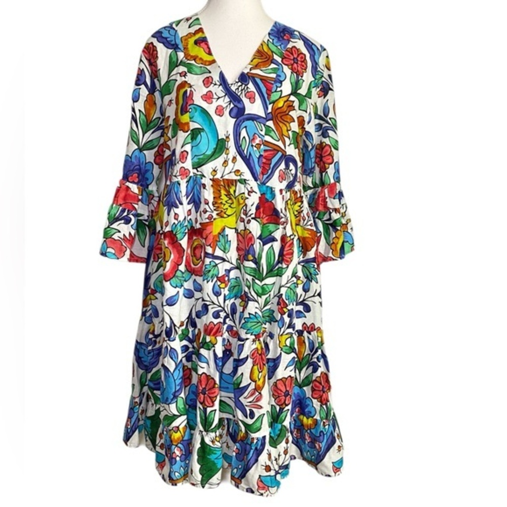 KikiSol Vibrant Folk Art Floral & Bird
Tiered V-Neck Midi Dress | 100% Cotton